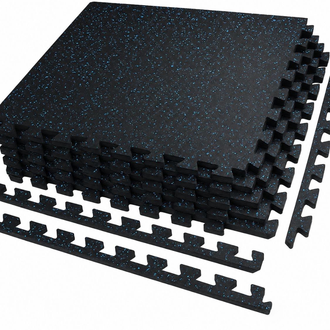 Stack of black rubber-topped EVA interlocking gym tiles with loose edging strips.