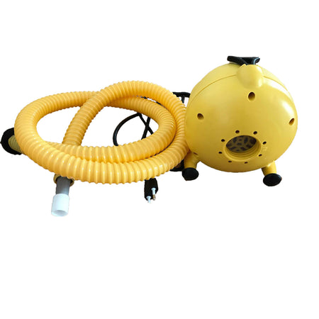 Yellow inflatable pump with hose on a white background