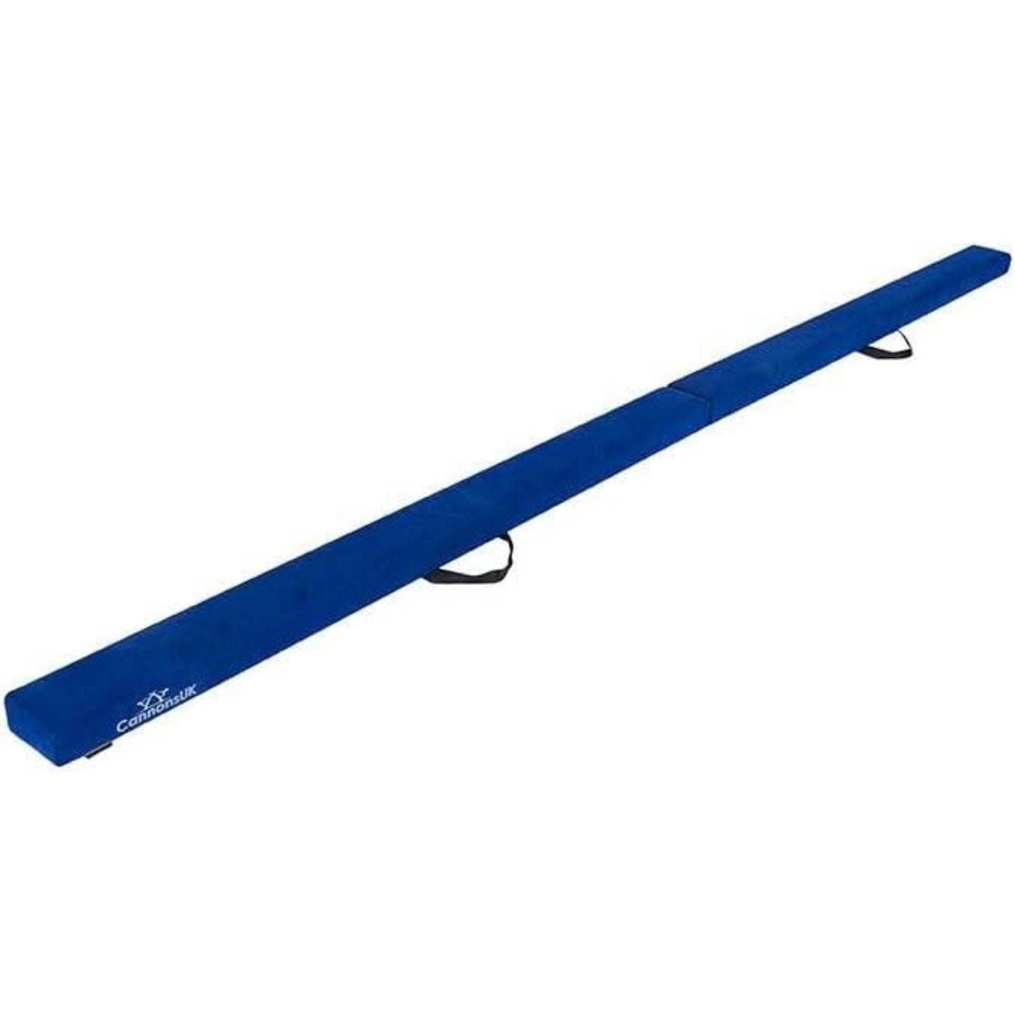 Blue Cannons UK 210cm folding gymnastics practice beam, closeup with folding mechanism and portable handle.
