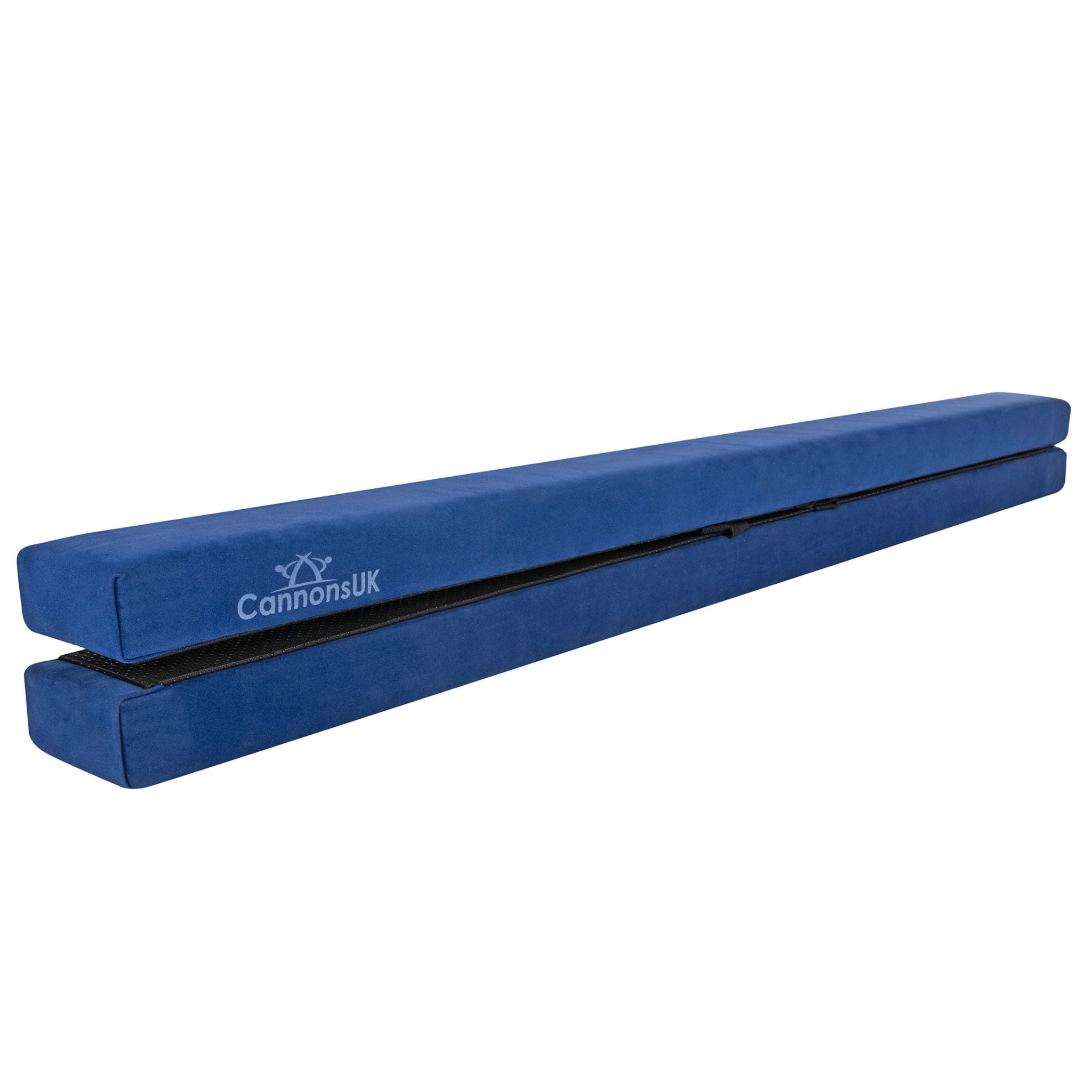 Blue Cannons UK 210cm folding gymnastics practice beam, photographed side profile with folding hinge.