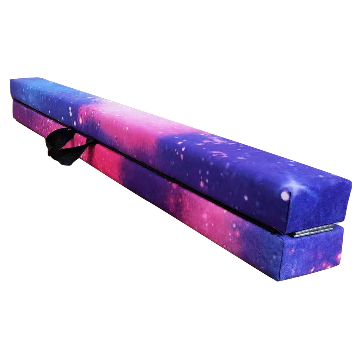 Closeup of Cannons UK 210cm folding gymnastics beam in cosmic galaxy print, foldable hinge detail.