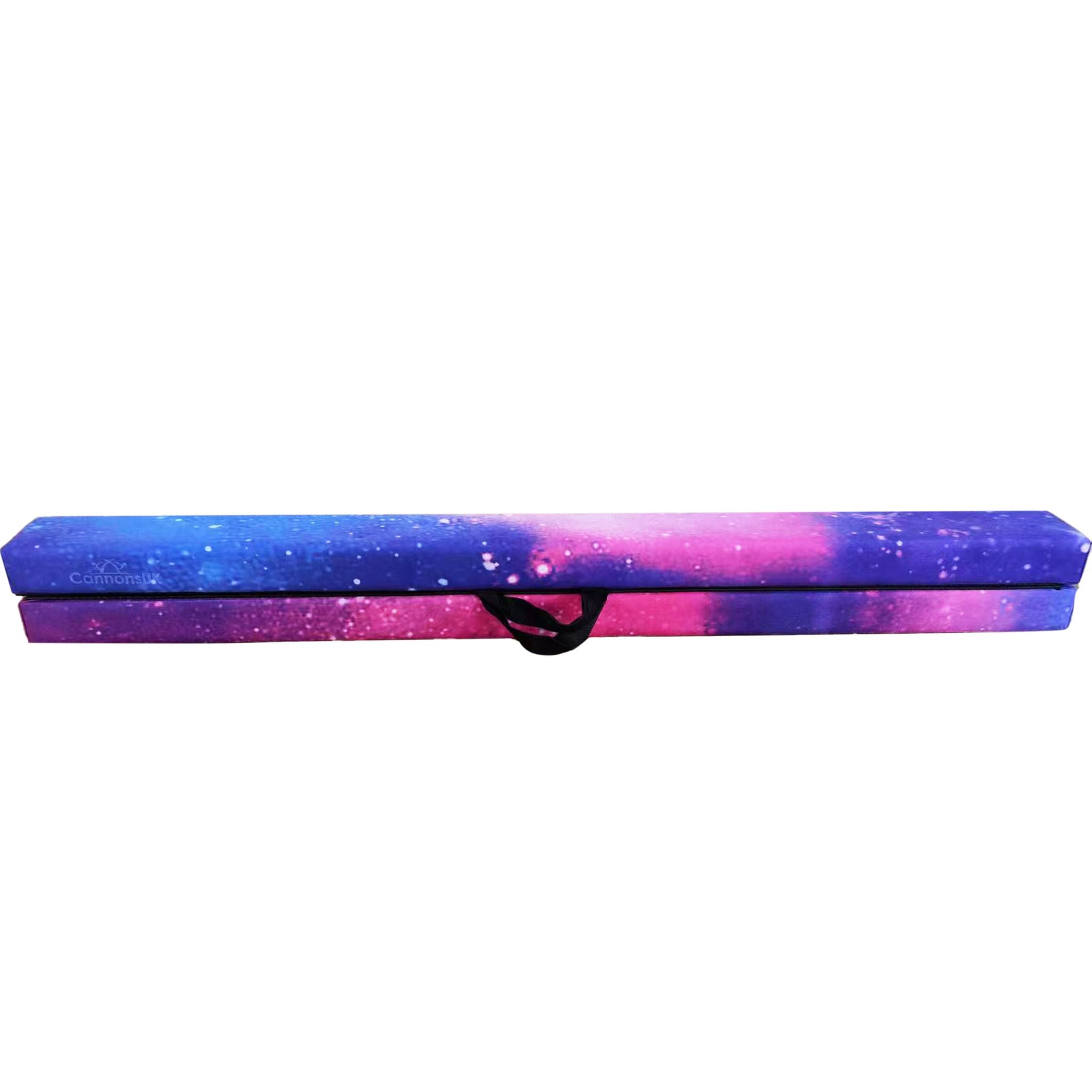 Detailed product view of Cannons UK 210cm folding gymnastics practice beam in cosmic pattern, hinge visible.