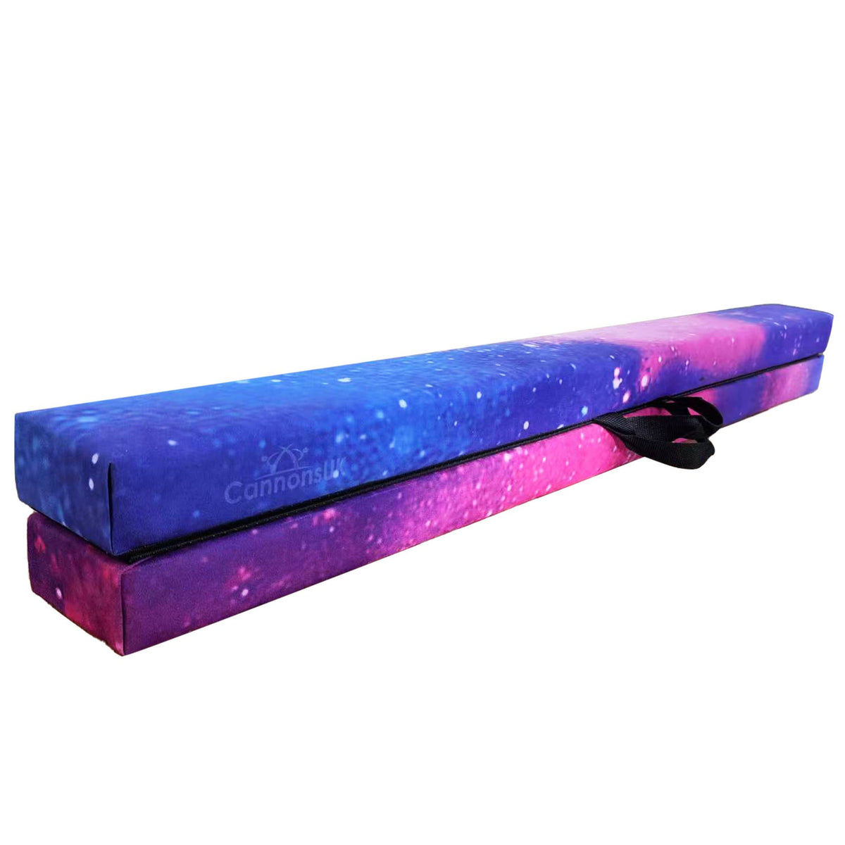 Cannons UK 210cm folding gymnastics beam in cosmic design, shown in folded position with portable handle.