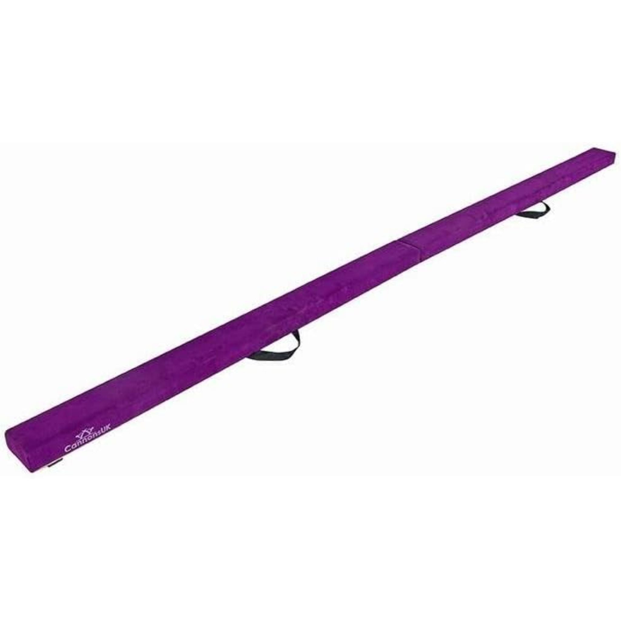Purple Cannons UK 210cm folding gymnastics balance beam, closeup product shot showing fold hinge and handle.
