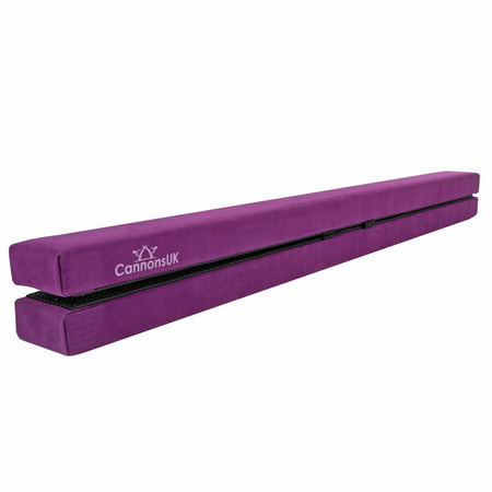 Cannons UK 210cm folding gymnastics beam in purple, side angle showing foldable structure and handle.