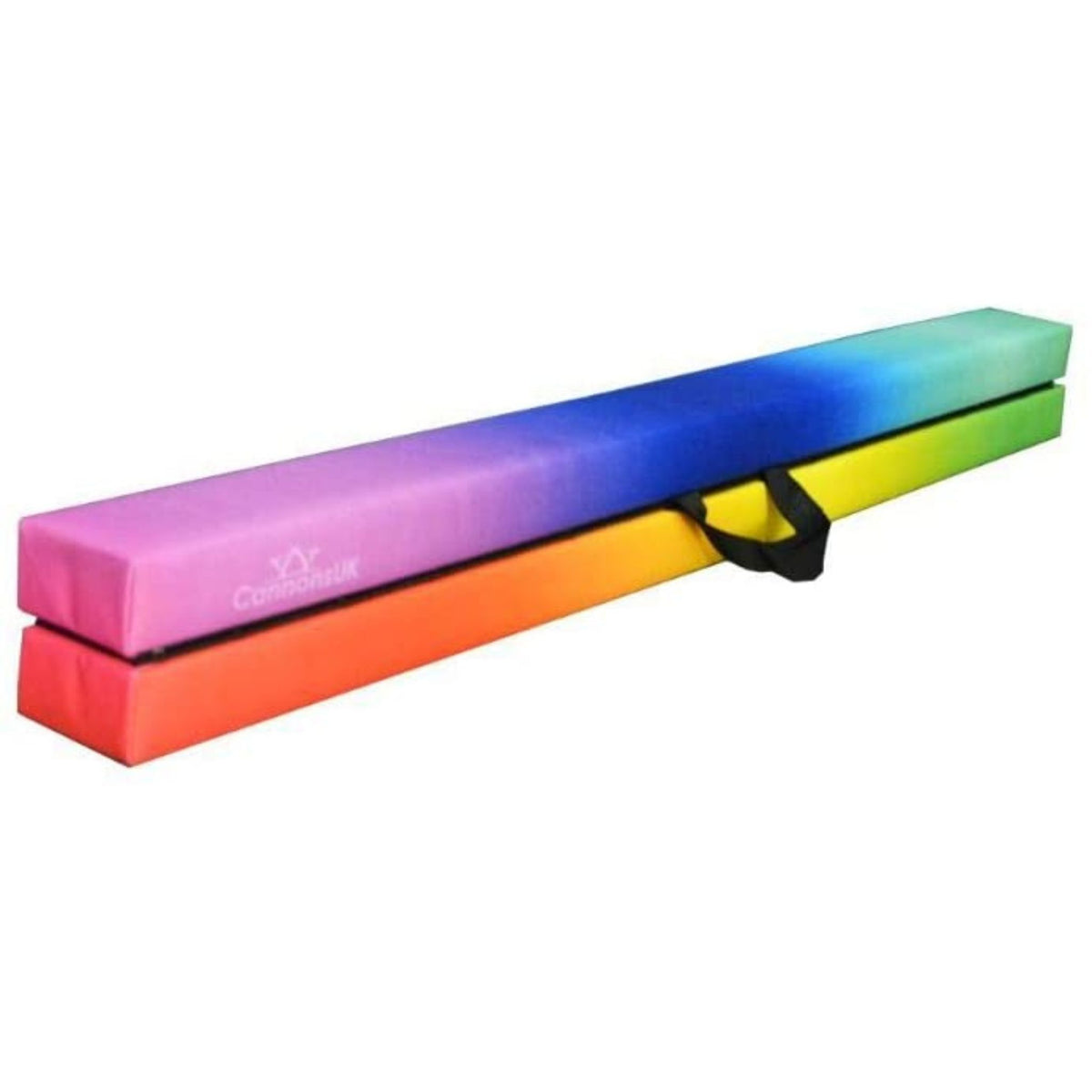 Rainbow Cannons UK 210cm folding gymnastics training beam, angled side view highlighting multicolour top.