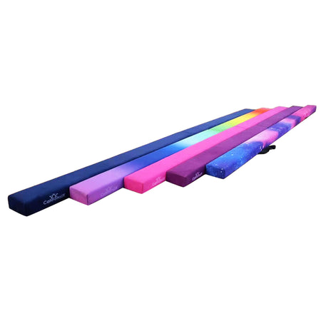 Set of Cannons UK 210cm folding gymnastics beams in rainbow, pink, purple, blue, and cosmic, side-by-side display.