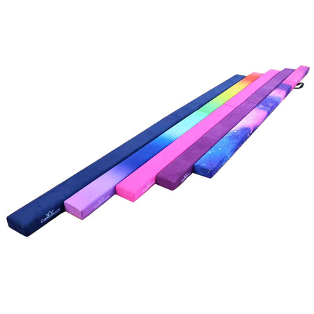 Cannons UK 210cm folding gymnastics beams, complete 5-colour set photographed from alternate angle.
