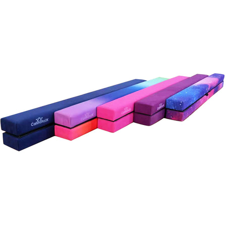 Full Cannons UK 210cm folding gymnastics beam collection in all 5 colours, fold-out designs together.