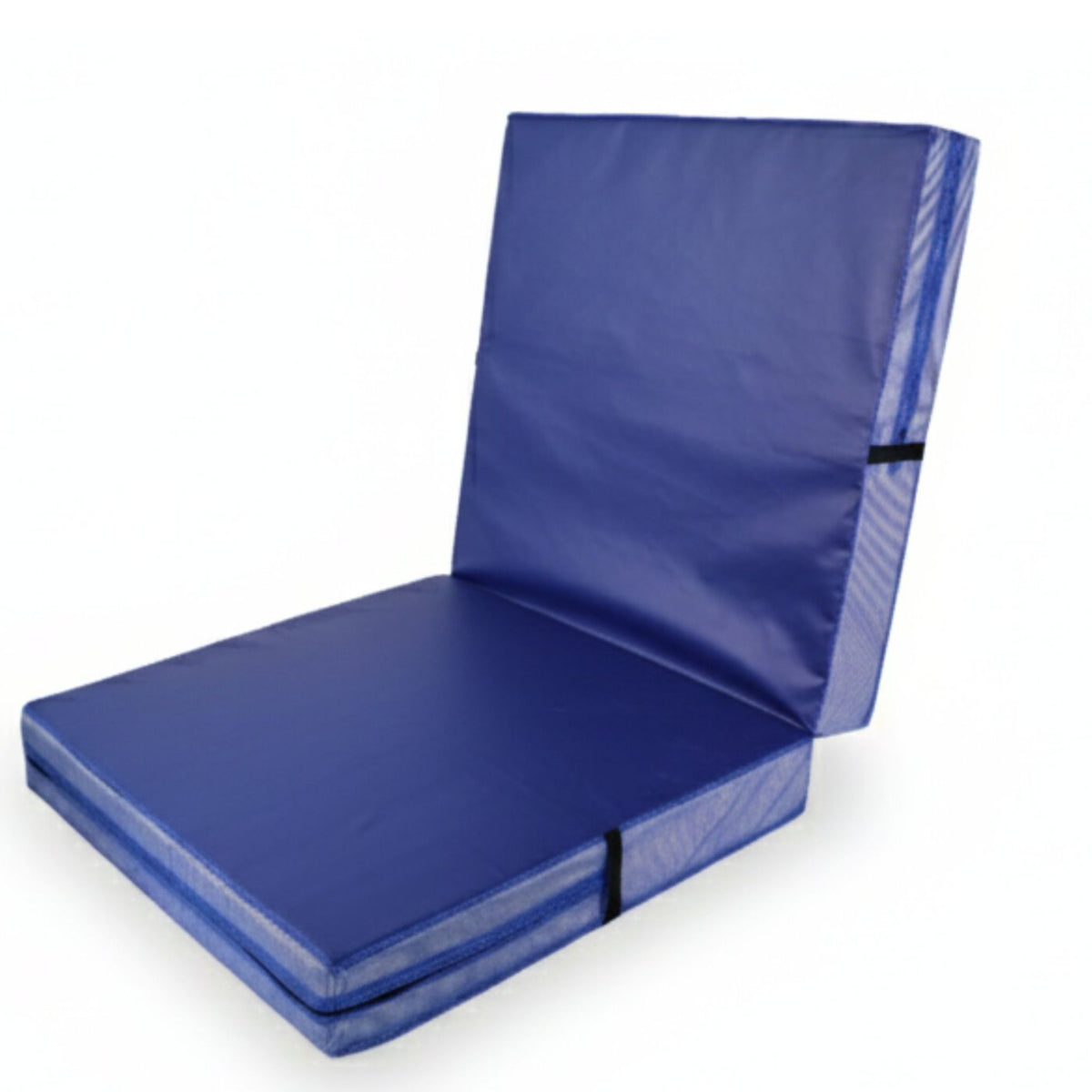 Bi-fold crash mat folded in half for compact storage and transport