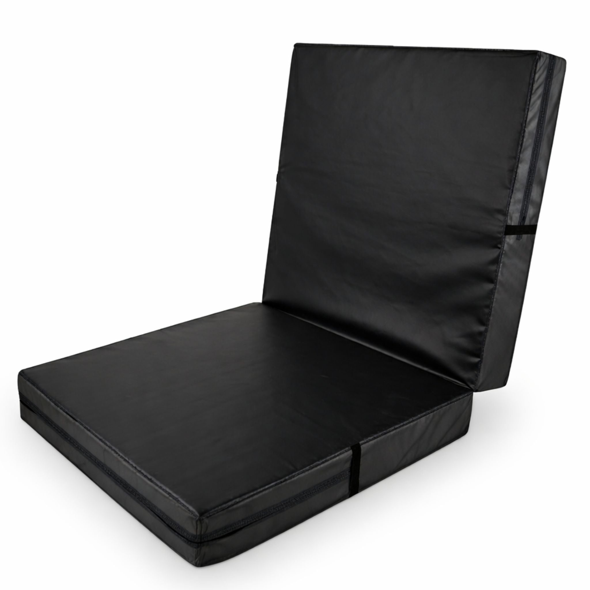 Black bi-fold gymnastics crash mat standing upright, thick foam core and wipe-clean vinyl cover by Cannons UK