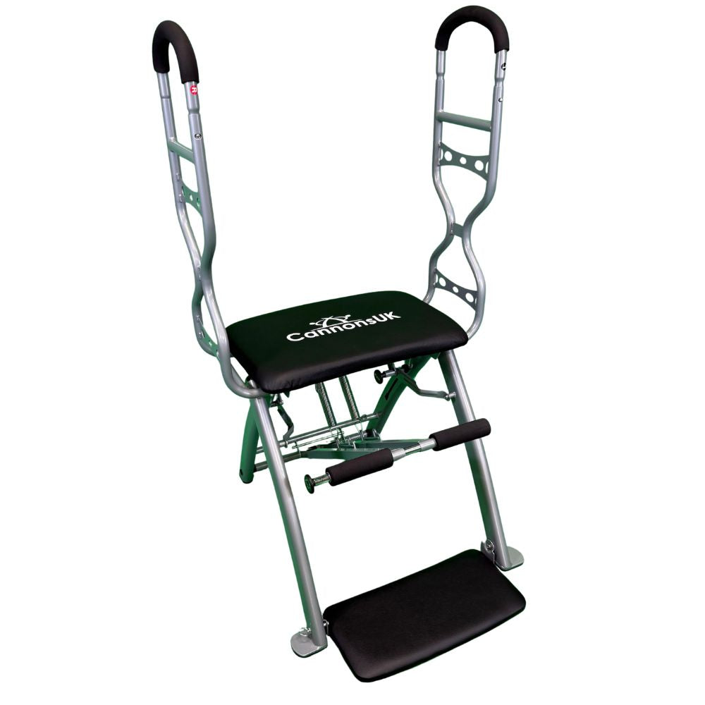Black Pilates chair by Cannons UK with adjustable resistance springs and padded seat