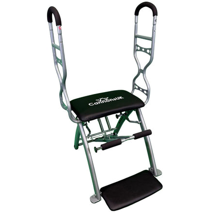Black Pilates chair by Cannons UK with adjustable resistance springs and padded seat