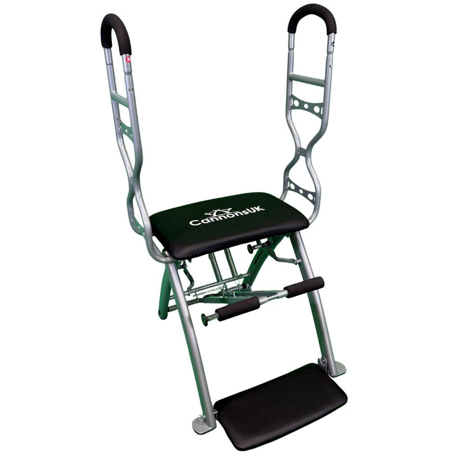 Black Pilates chair by Cannons UK with adjustable resistance springs and padded seat