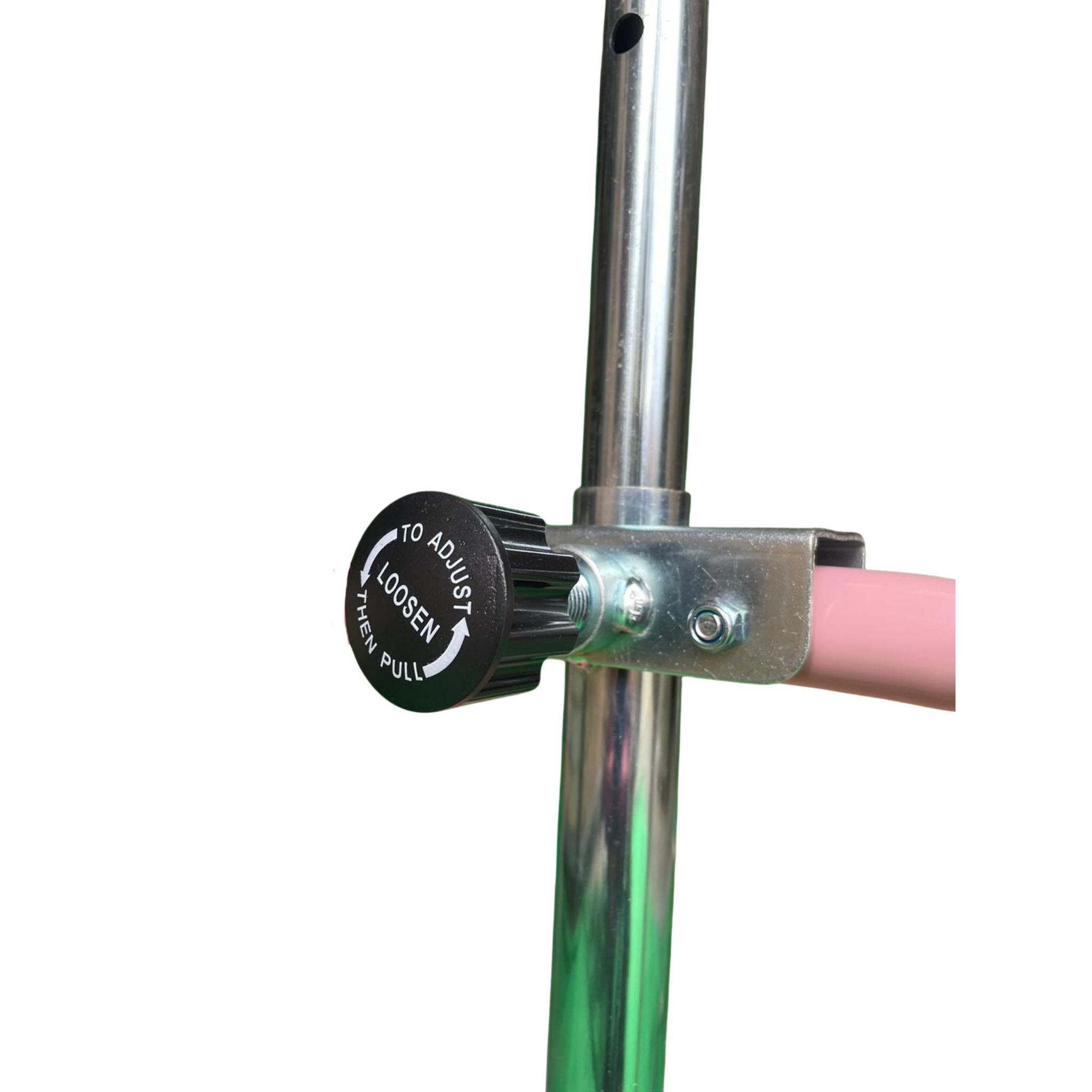 Close-up of the Cannons UK gymnastics bar height adjustment knob. Shows the secure locking system and easy height modification feature.