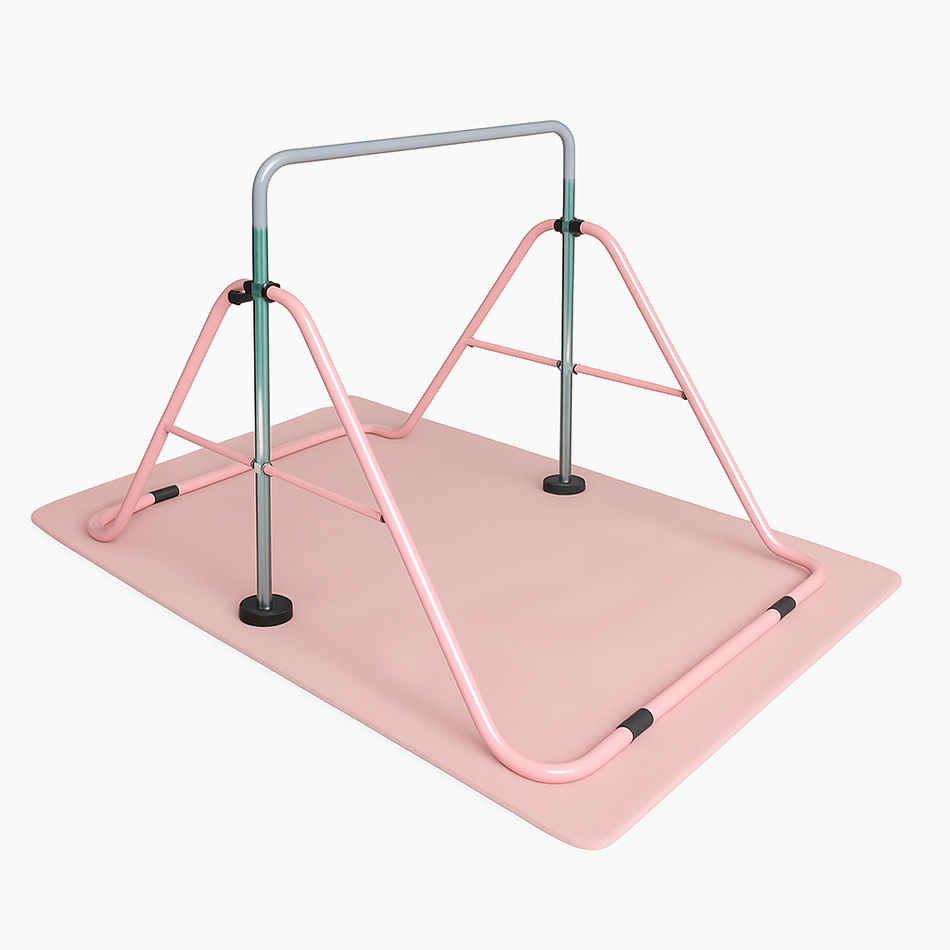 Cannons UK junior gymnastics bar with pink mat shown in full setup. Adjustable home training bar for kids’ gymnastics, balance, and strength practice.