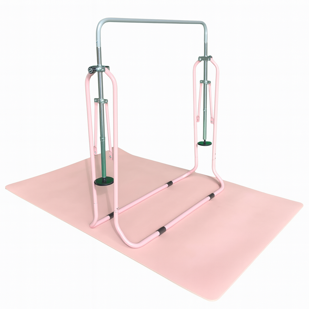 Back view of the Cannons UK junior gymnastics bar with pink mat. Compact and sturdy design for kids’ home practice and gymnastics training.
