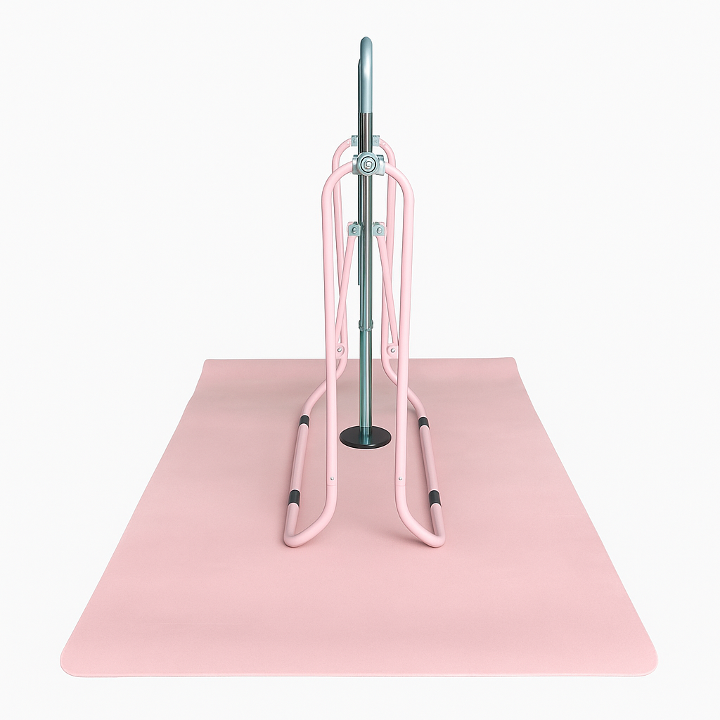 End view of the Cannons UK gymnastics bar with pink mat. Highlights the stable base, mat coverage, and bar alignment for home gymnastics use.