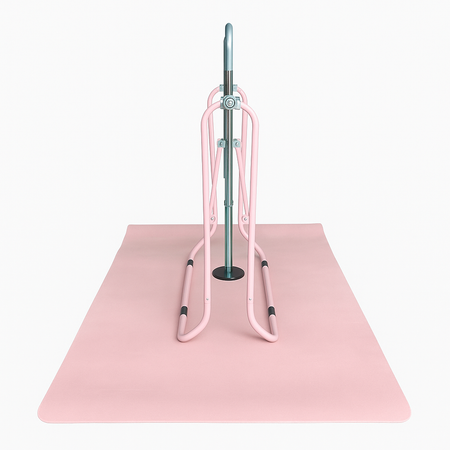 End view of the Cannons UK gymnastics bar with pink mat. Highlights the stable base, mat coverage, and bar alignment for home gymnastics use.