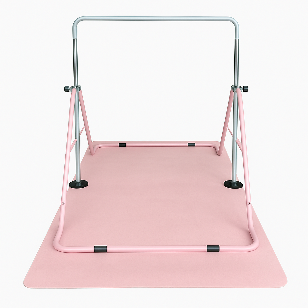 Close-up front view of the Cannons UK gymnastics bar with pink mat. Displays smooth surface mat and stable bar connection for children’s training.