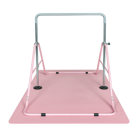 Front view of the Cannons UK gymnastics bar with pink mat. Adjustable height design ideal for home gymnastics, training, and fitness for children.