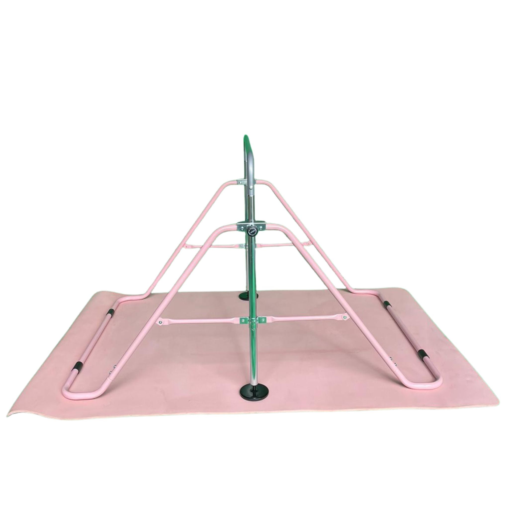 Side angle of the Cannons UK junior gymnastics bar with pink mat. Shows frame structure, bar support, and non-slip base for safe practice.