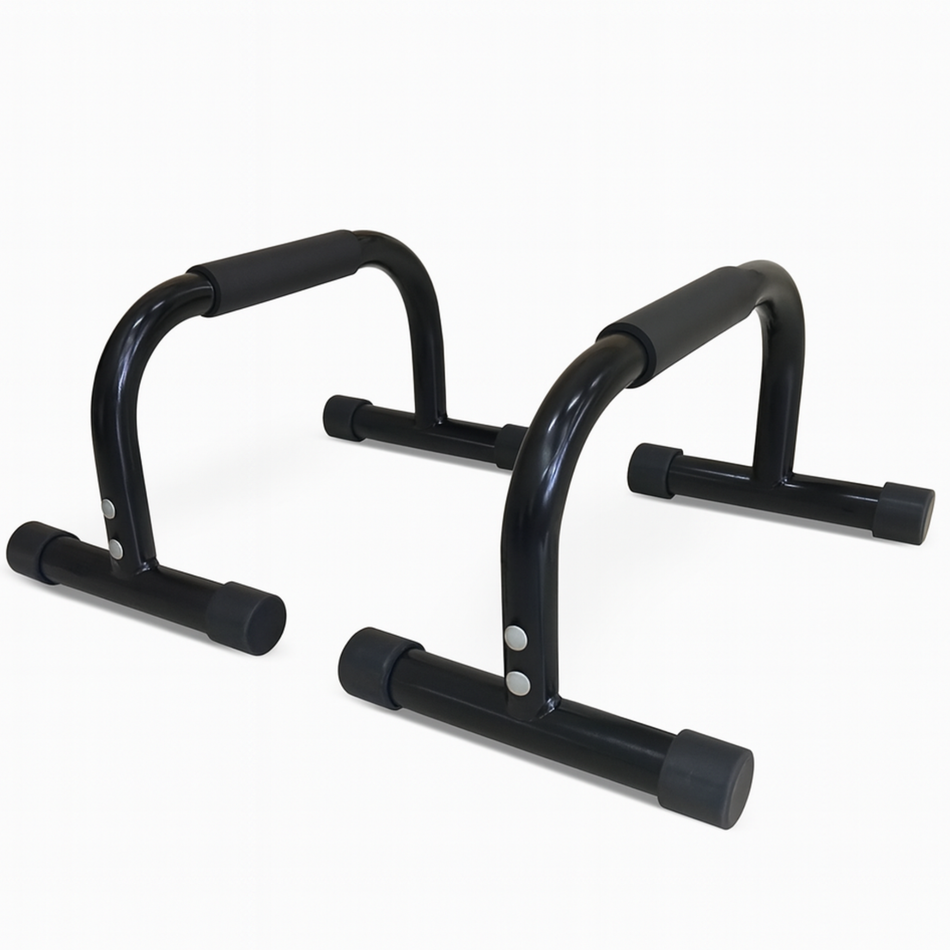 Black steel parallel bars on gym floor – Cannons UK calisthenics equipment.