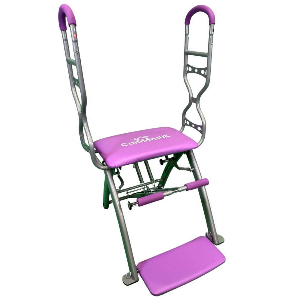 Purple Pilates chair by Cannons UK with padded seat and resistance springs