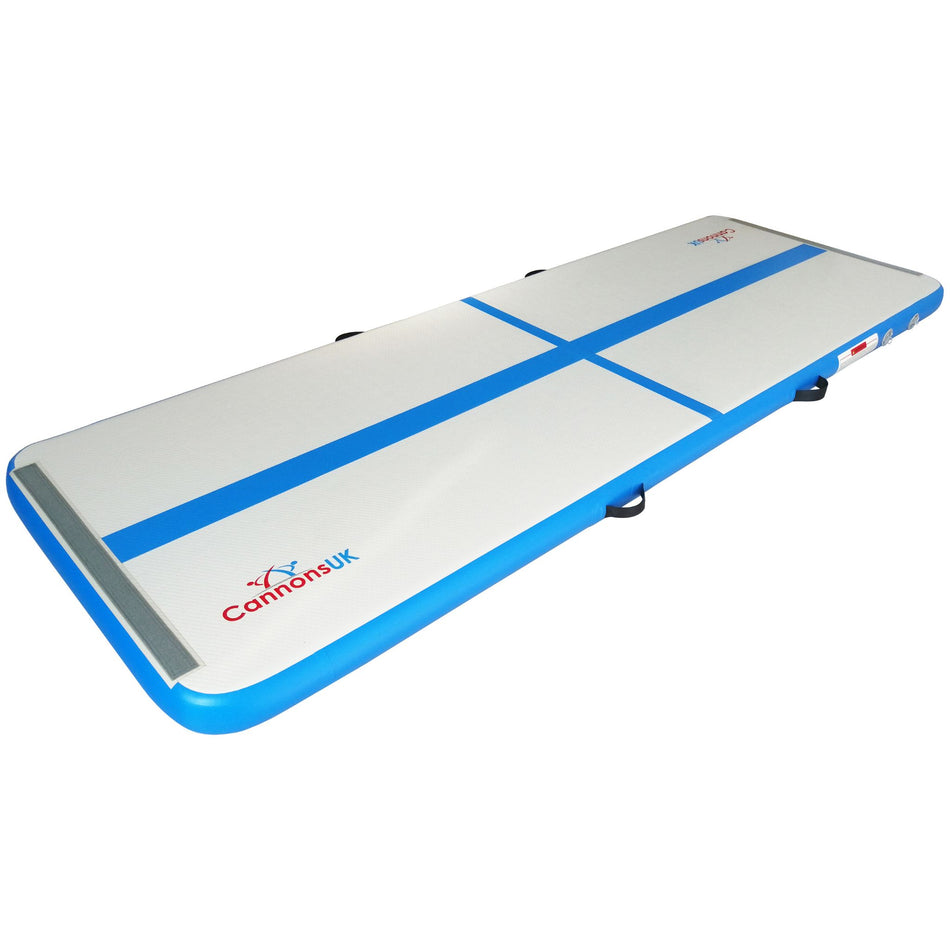 Air Track Pro 4m × 1m × 10cm blue — alternate isometric angle highlighting dual Bravo valves, carry handles, white sidewalls and Cannons UK branding; ideal for home and club training