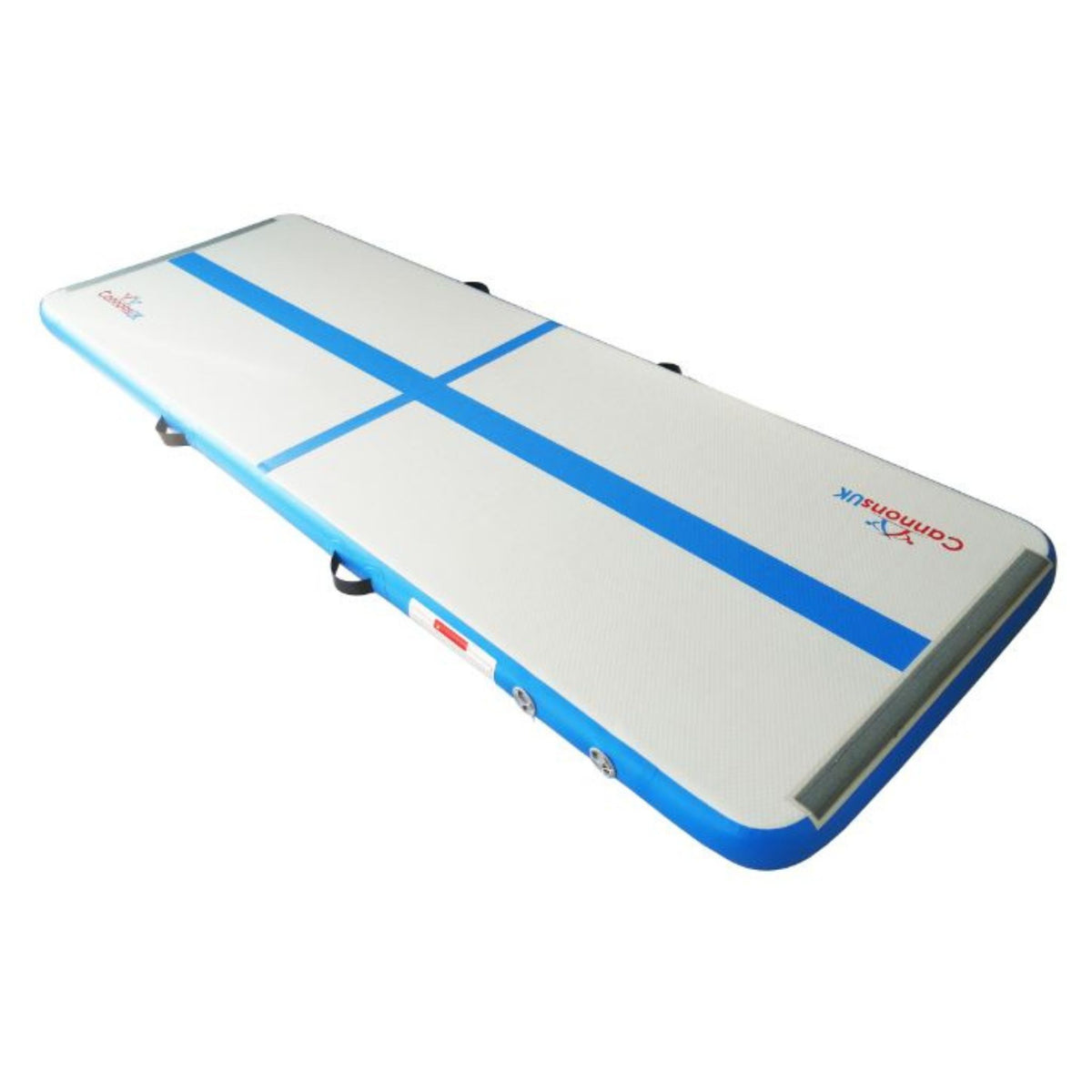 Cannons UK Air Track Pro 4m × 1m × 10cm — blue trim isometric hero on white showing centre line, Velcro end panel, rounded corners and smooth landing surface for gymnastics, tumbling, cheer and acro drills