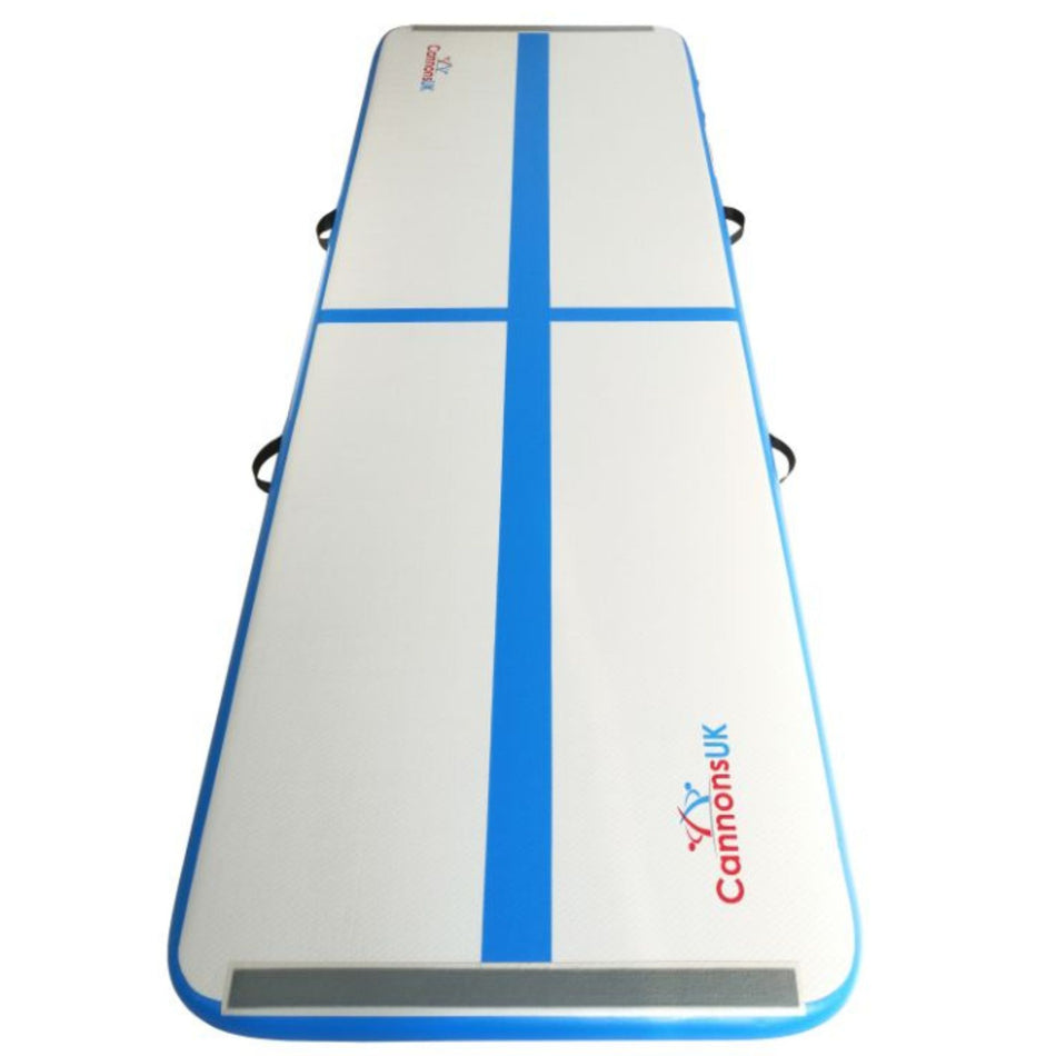 Air Track Pro 4m × 1m × 10cm blue — portrait top view with centre cross/line and textured non-slip surface for approach control, balance work and safe landings