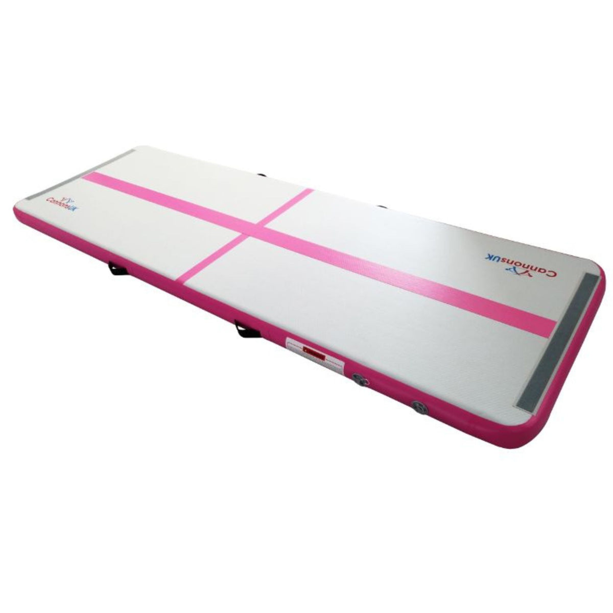 Air Track Pro 4m × 1m × 10cm pink — alternate isometric with Cannons UK logo, seam finishing and durable stitched handles for quick setup and storage