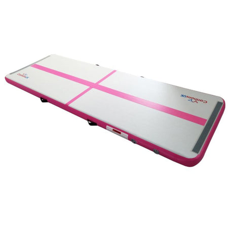 Air Track Pro 4m × 1m × 10cm pink — alternate isometric with Cannons UK logo, seam finishing and durable stitched handles for quick setup and storage