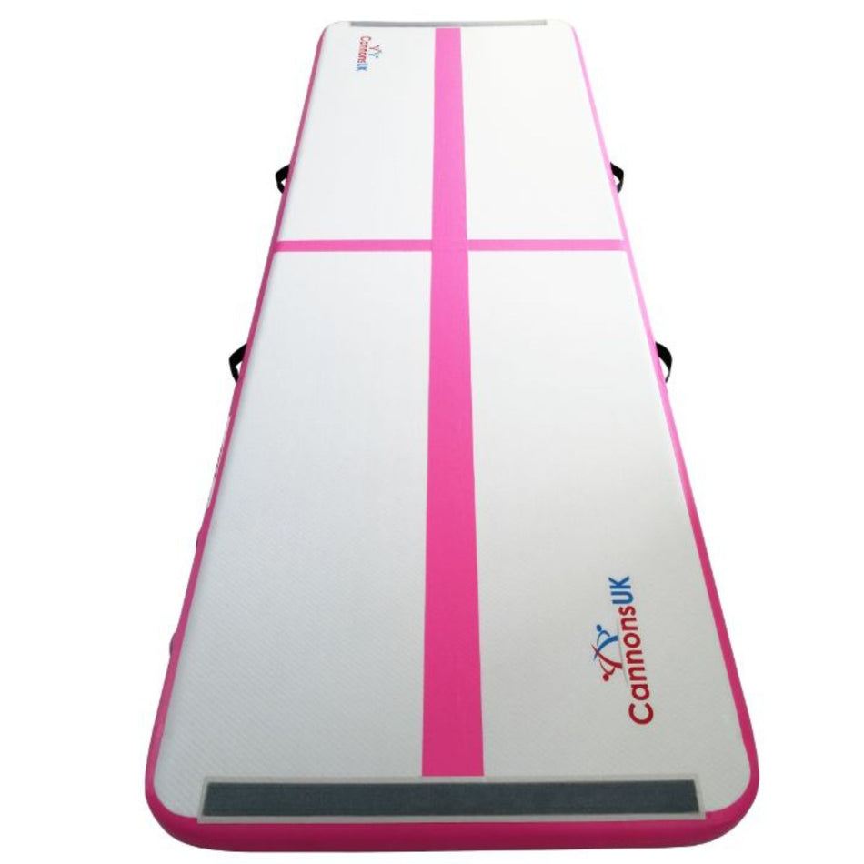 Air Track Pro 4m × 1m × 10cm pink — portrait overhead with centre cross/line and clean edge radius; perfect for shaping, handstands, cartwheels and floor skills