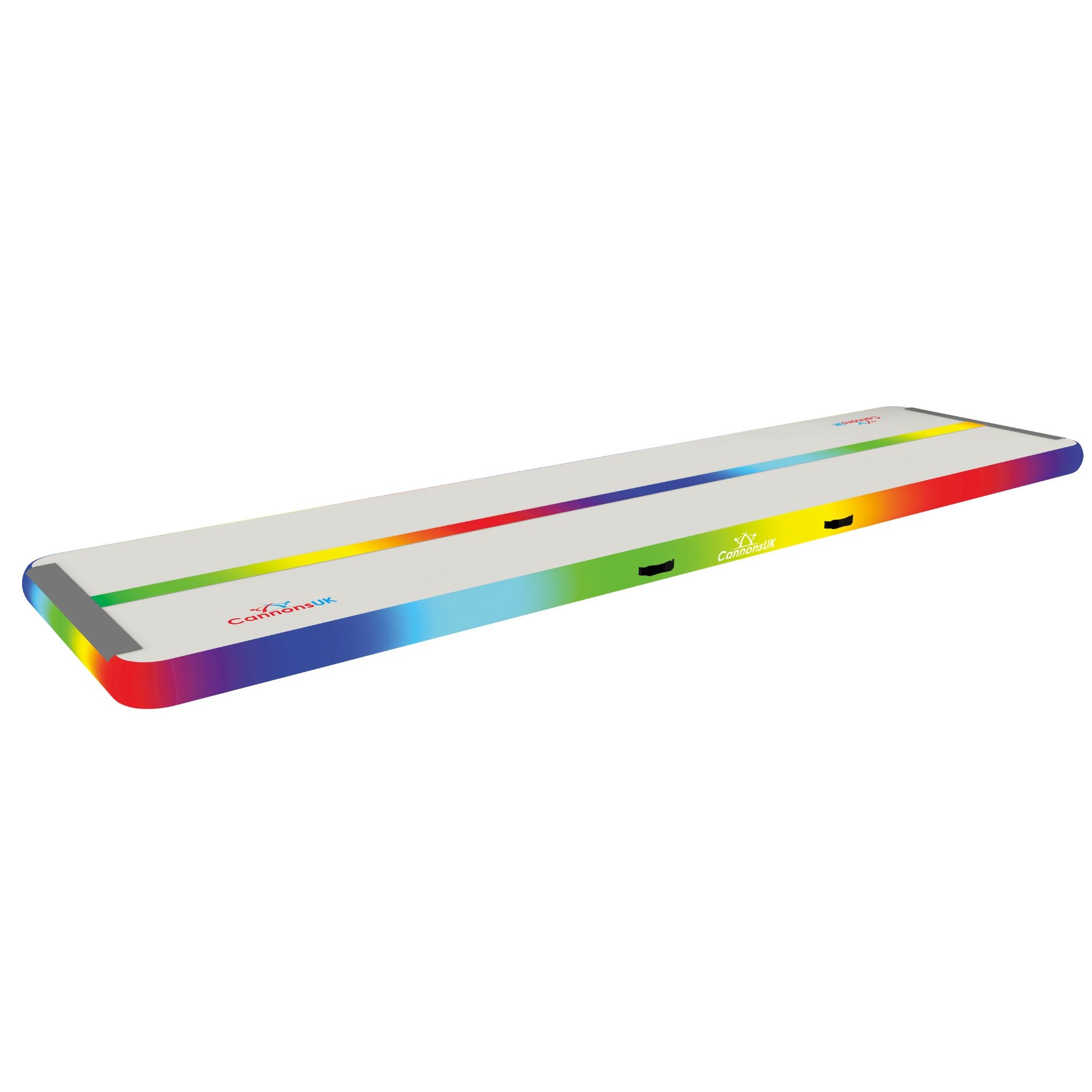 Air Track Pro 4m × 1m × 10cm rainbow — left three-quarter isometric with centre line, rounded corners and Cannons UK branding; suitable for clubs, schools and home gyms