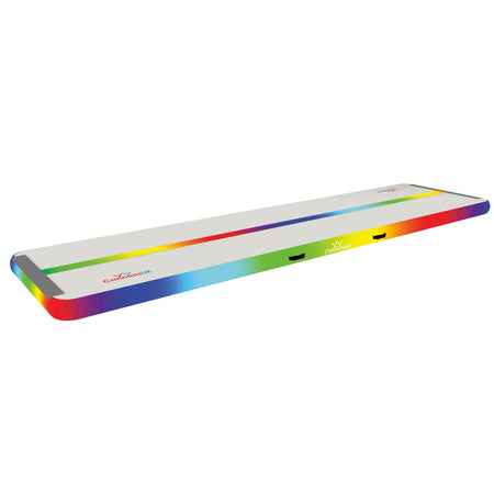 Air Track Pro 4m × 1m × 10cm rainbow — left three-quarter isometric with centre line, rounded corners and Cannons UK branding; suitable for clubs, schools and home gyms