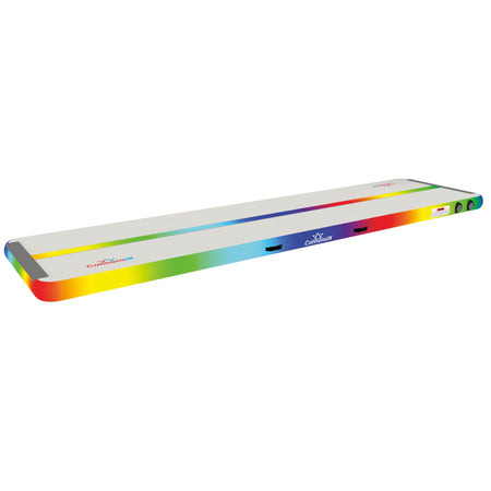 Air Track Pro 4m × 1m × 10cm rainbow — right three-quarter isometric highlighting edge detail, seam quality and connector panel for extended runways