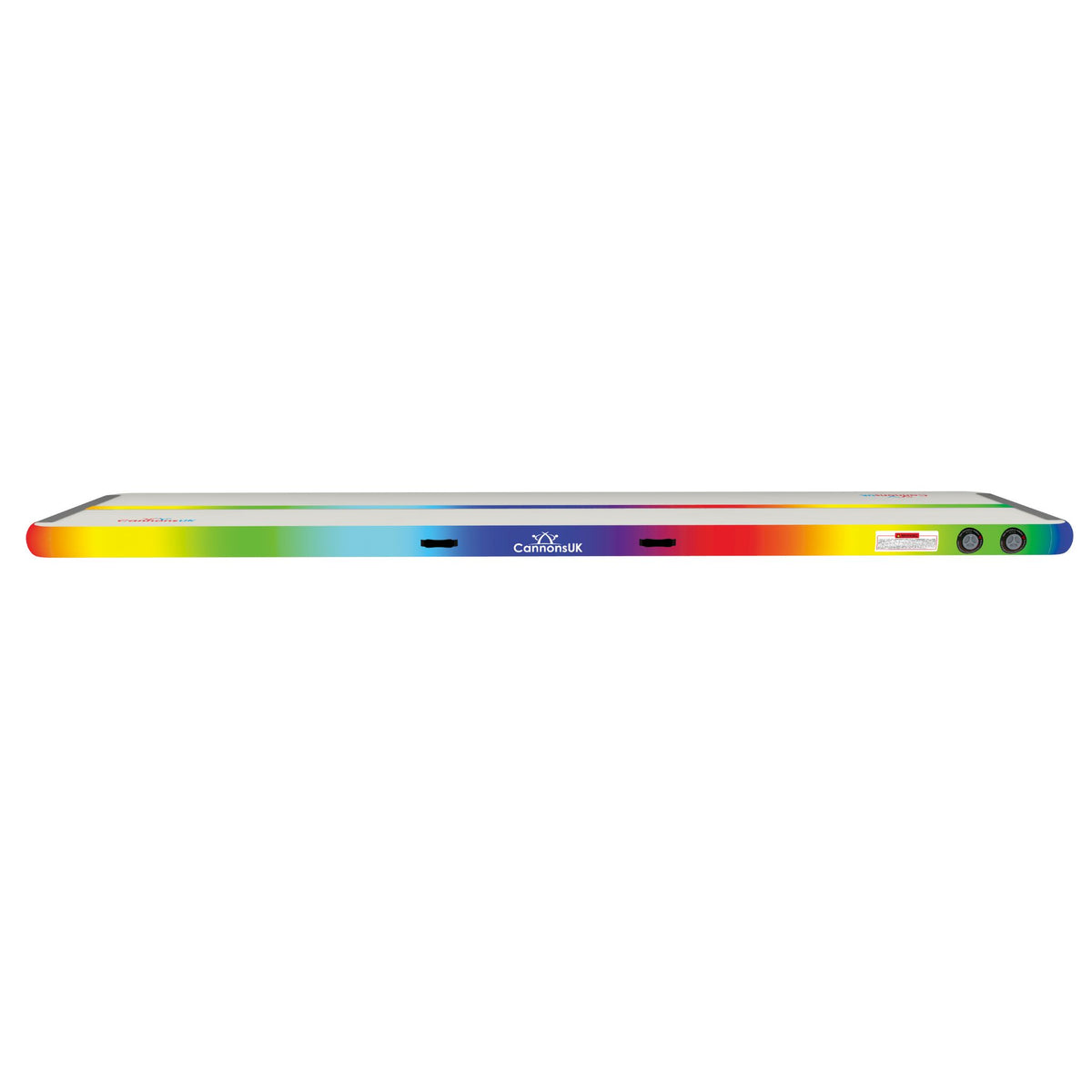 Air Track Pro 4m × 1m × 10cm rainbow — side profile showing dual valves, low-profile handles, warning label and continuous colour band; durable PVC rail for long life