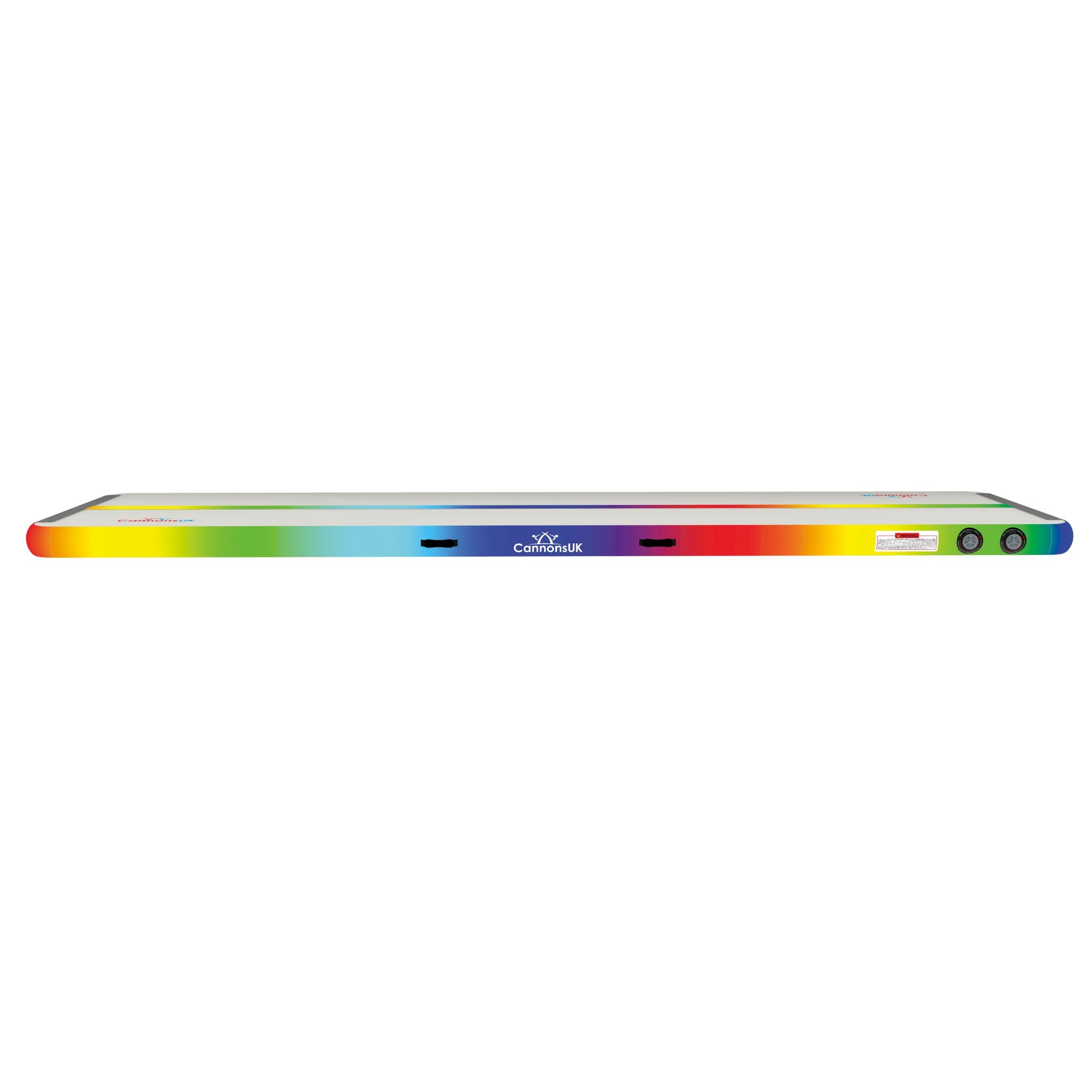 Air Track Pro 4m × 1m × 10cm rainbow — side profile showing dual valves, low-profile handles, warning label and continuous colour band; durable PVC rail for long life