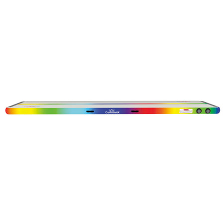 Air Track Pro 4m × 1m × 10cm rainbow — side profile showing dual valves, low-profile handles, warning label and continuous colour band; durable PVC rail for long life