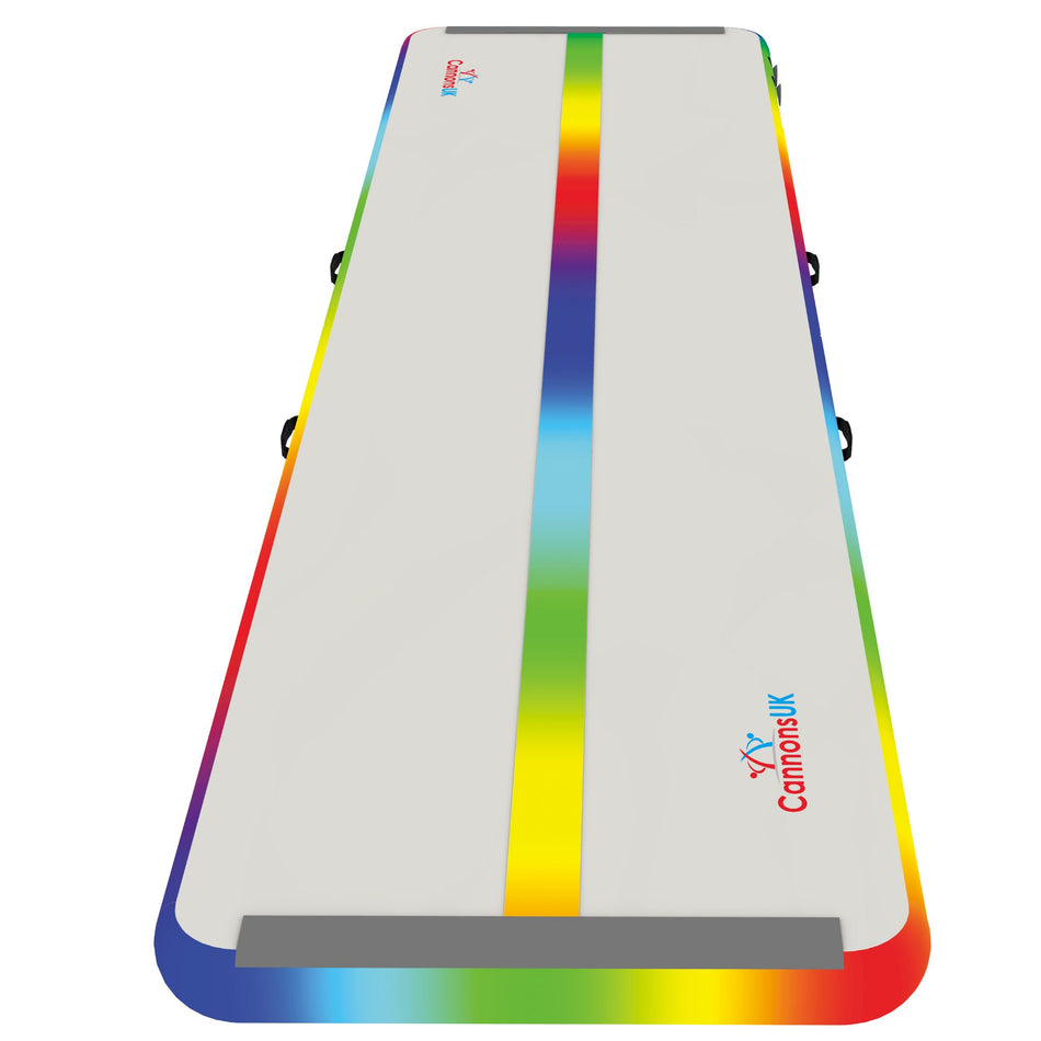 Air Track Pro 4m × 1m × 10cm rainbow — portrait top view with centre line and multicolour side band; training aid for tumbling stations, conditioning and home workouts