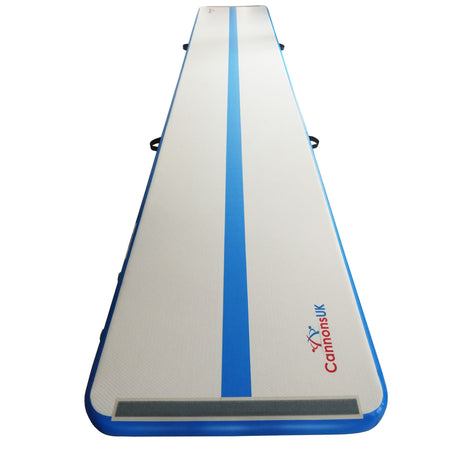 Air Track Pro 5 m × 1 m × 10 cm — blue trim, portrait top-down with centre jump line