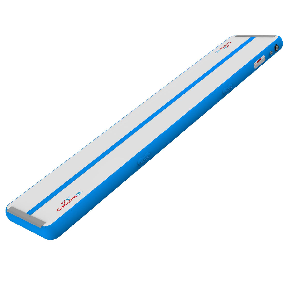 Air Track Pro 5 m × 1 m × 20 cm — blue trim, long-perspective angle with corner/edge detail in focus