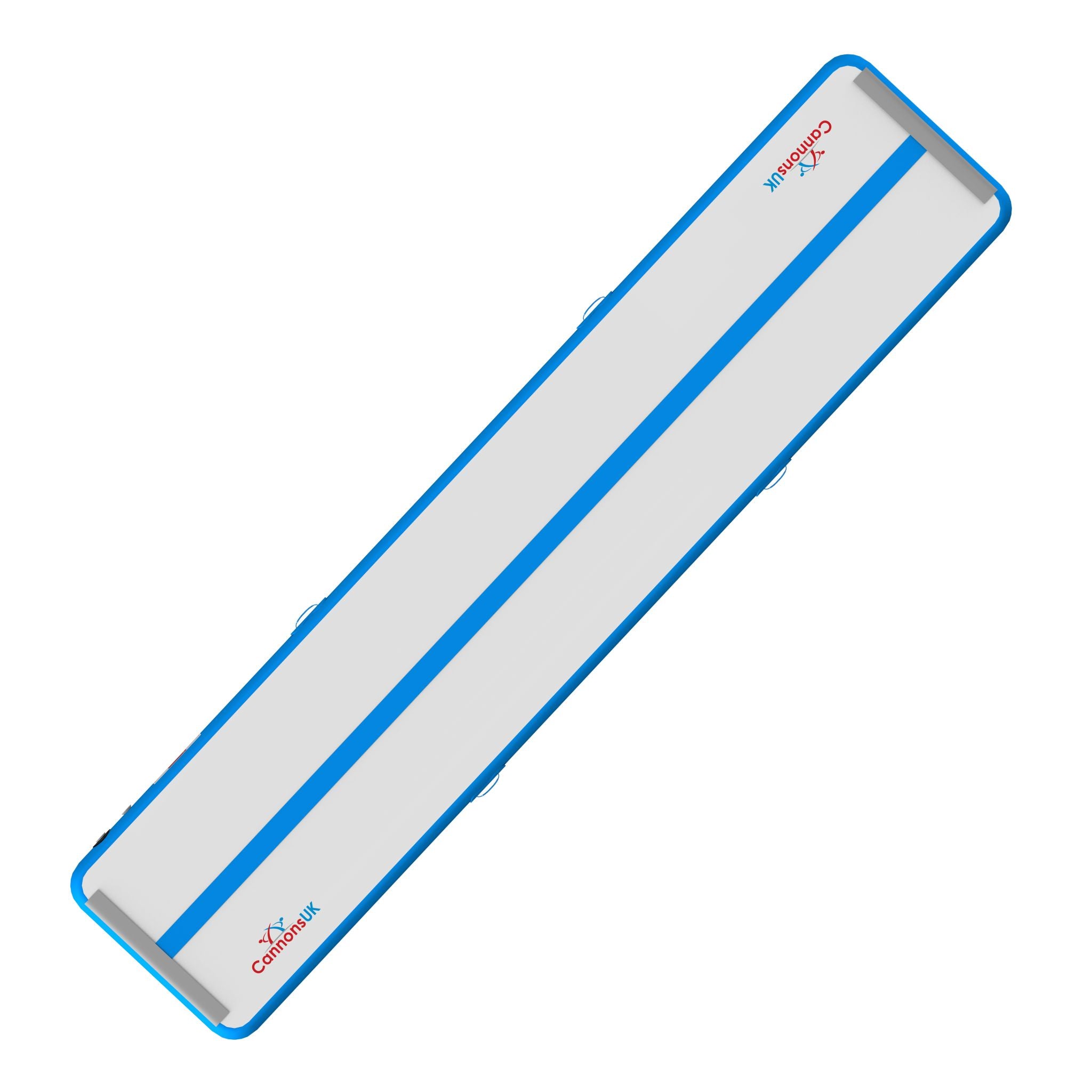 Air Track Pro 5 m × 1 m × 20 cm — blue trim, narrow diagonal long-perspective crop with centre line visible