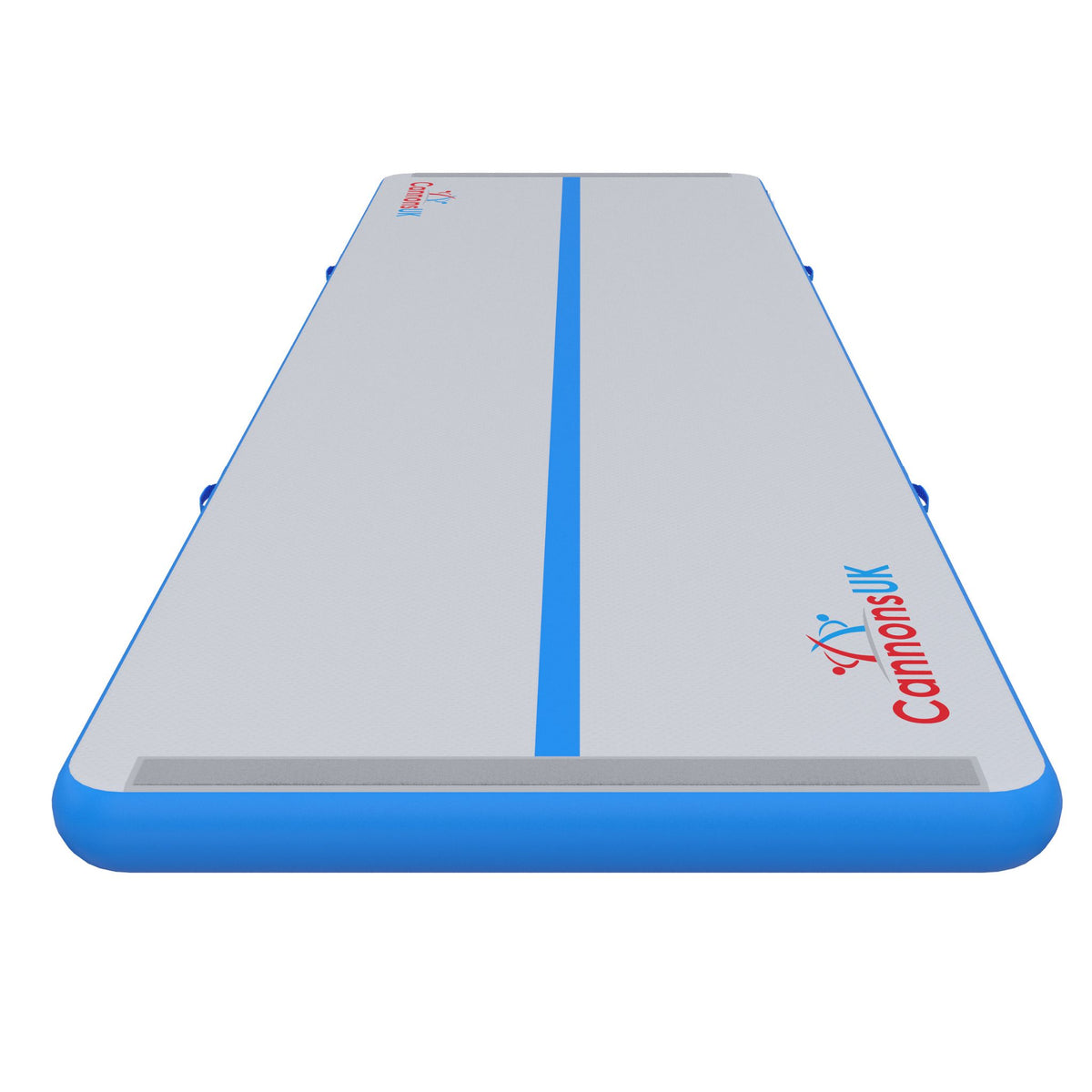 Cannons UK Air Track Pro Air Floor 5m x 1.5m x 20cm blue end-on perspective showing centre line for approach drills, leaps and balance work