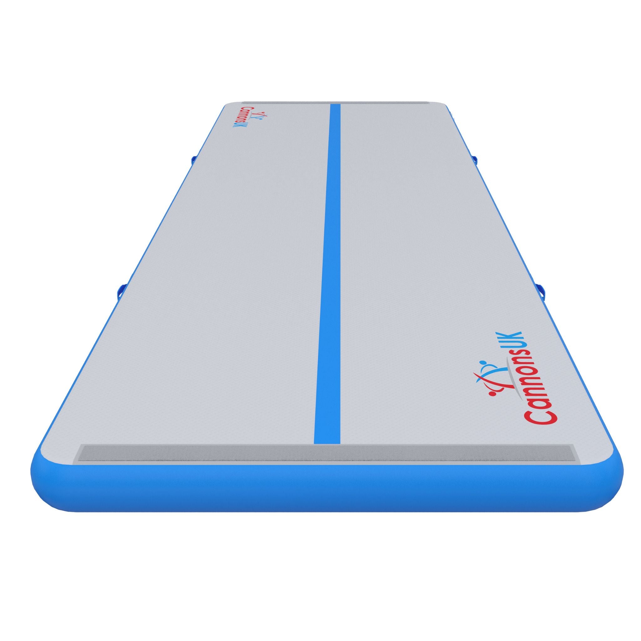 Cannons UK Air Track Pro Air Floor 5m x 1.5m x 20cm blue end-on perspective showing centre line for approach drills, leaps and balance work