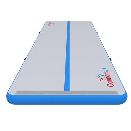 Cannons UK Air Track Pro Air Floor 5m x 1.5m x 20cm blue end-on perspective showing centre line for approach drills, leaps and balance work
