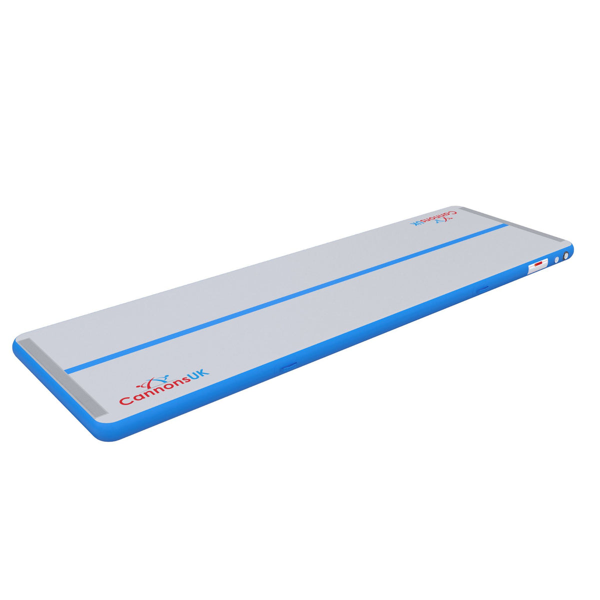Cannons UK Air Track Pro Air Floor 5m x 1.5m x 20cm blue long angled view with Cannons UK branding for tumbling lines, parkour basics and acro training