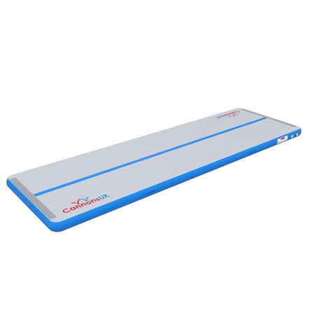 Cannons UK Air Track Pro Air Floor 5m x 1.5m x 20cm blue long angled view with Cannons UK branding for tumbling lines, parkour basics and acro training