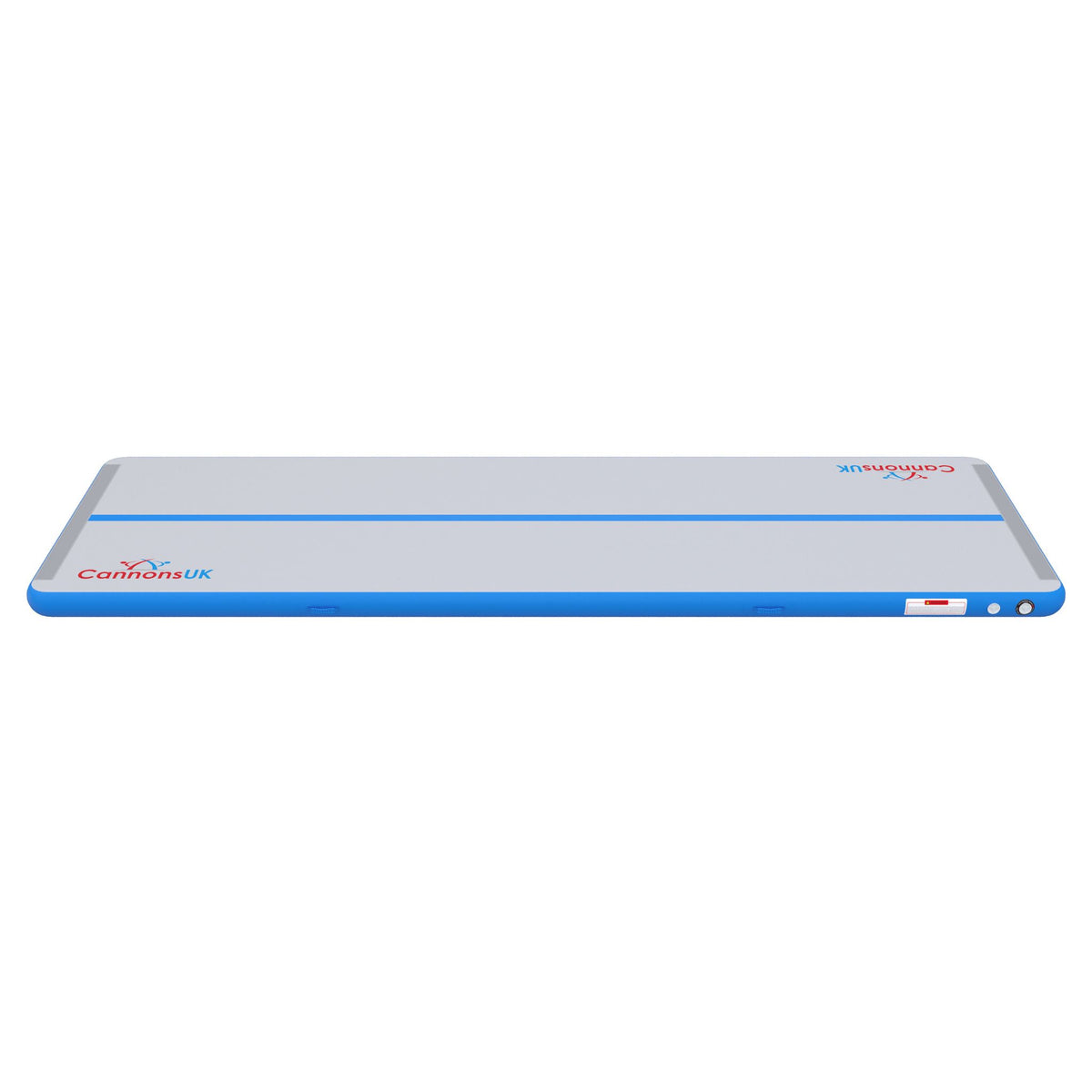 Cannons UK Air Track Pro Air Floor 5m x 1.5m x 20cm blue side elevation showing inflation panel and fittings for quick setup; great for home workouts and coach-led sessions